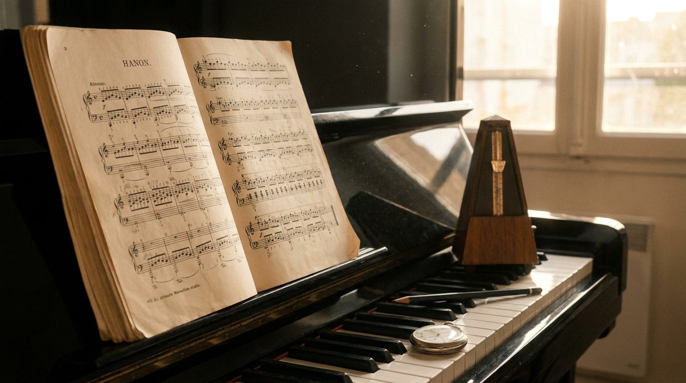 Vue rapprochée d'un clavier de piano à queue avec un livre d'exercices ouvert et un métronome, lumière dorée latérale