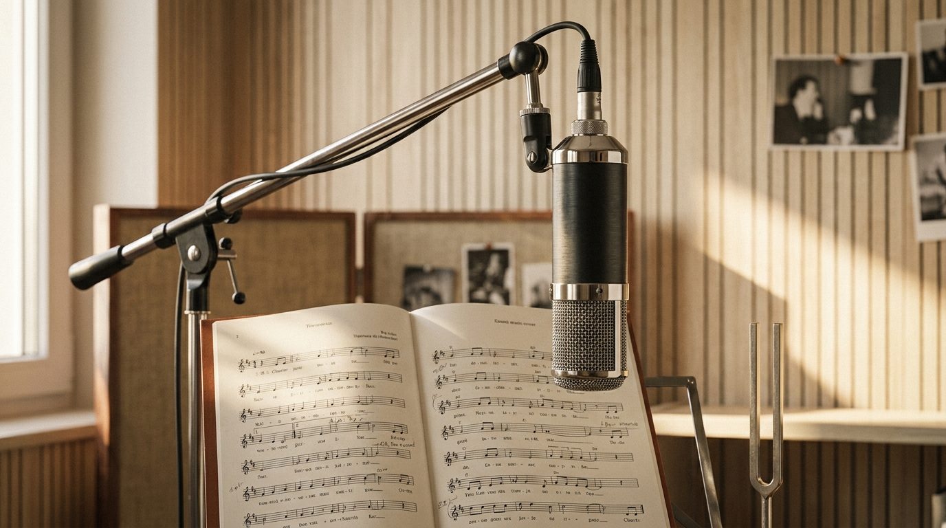Microphone de studio devant une partition de chant manuscrite, lumière chaude de fin d'après-midi — studio Les Virtuoses Marseille