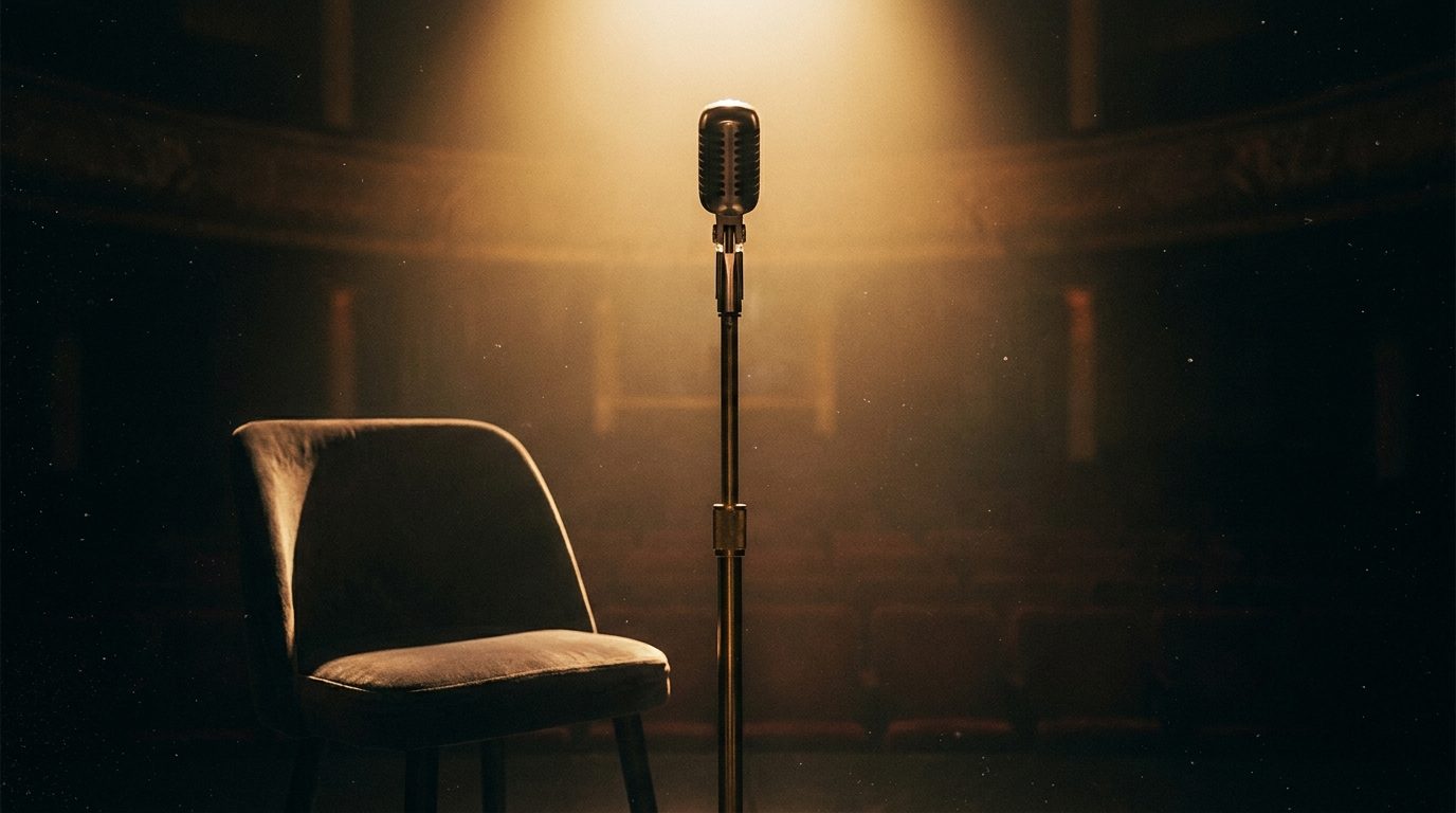 Microphone vintage sur pied devant un siège vide de salle de concert tamisée, lumière chaude et atmosphère intime d'avant-scène — studio Les Virtuoses Marseille