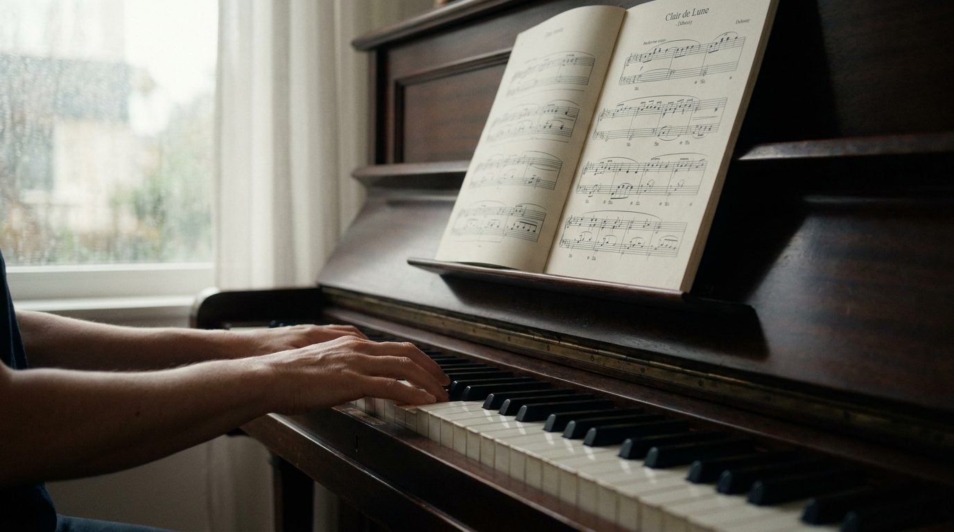 Mains adultes débutantes posées sur le clavier d'un piano droit avec la partition de Comptine d'un autre été ouverte, lumière douce de fin d'après-midi pluvieuse — studio Les Virtuoses Marseille