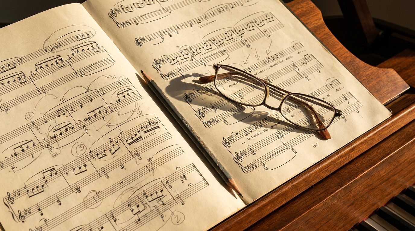 Partition simplifiée de Comptine d'un autre été annotée au crayon sur un pupitre de piano, métronome ancien à côté, lumière douce de studio — Les Virtuoses Marseille