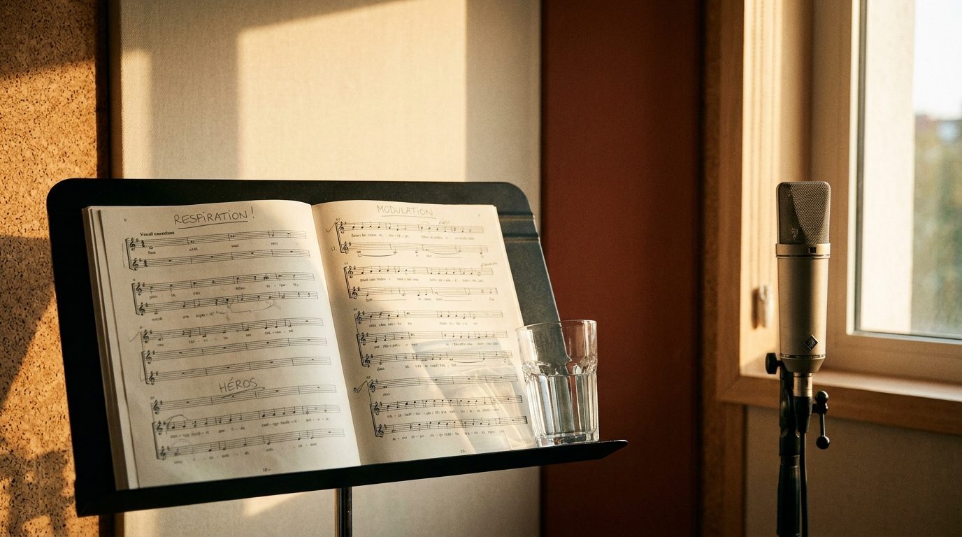 Verre d'eau en cristal et partition d'exercices vocaux annotée au crayon devant un microphone flou dans un studio chant insonorisé — studio Les Virtuoses Marseille