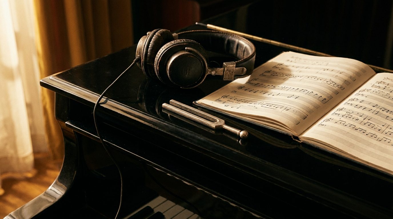 Diapason ancien en argent posé sur un piano noir laqué près d'un casque audio en cuir et d'un carnet d'exercices ouvert — studio Les Virtuoses Marseille