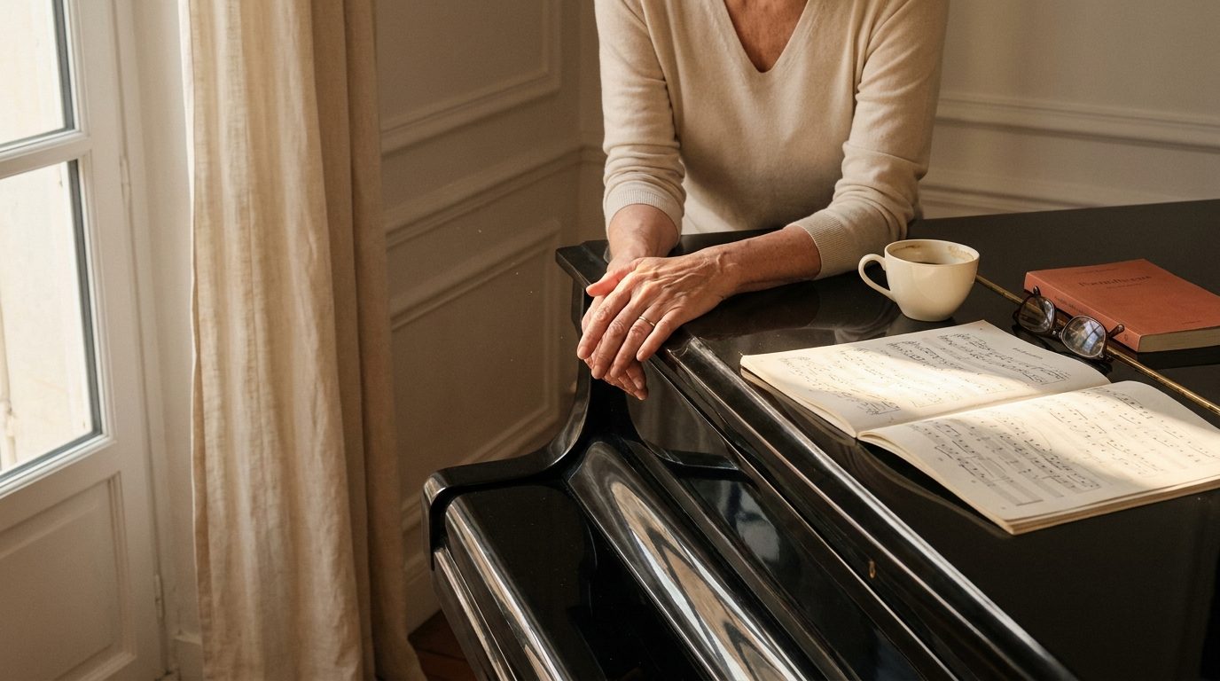 Mains adultes en pleine pratique au piano dans un studio marseillais, lumière chaude de fin d'après-midi