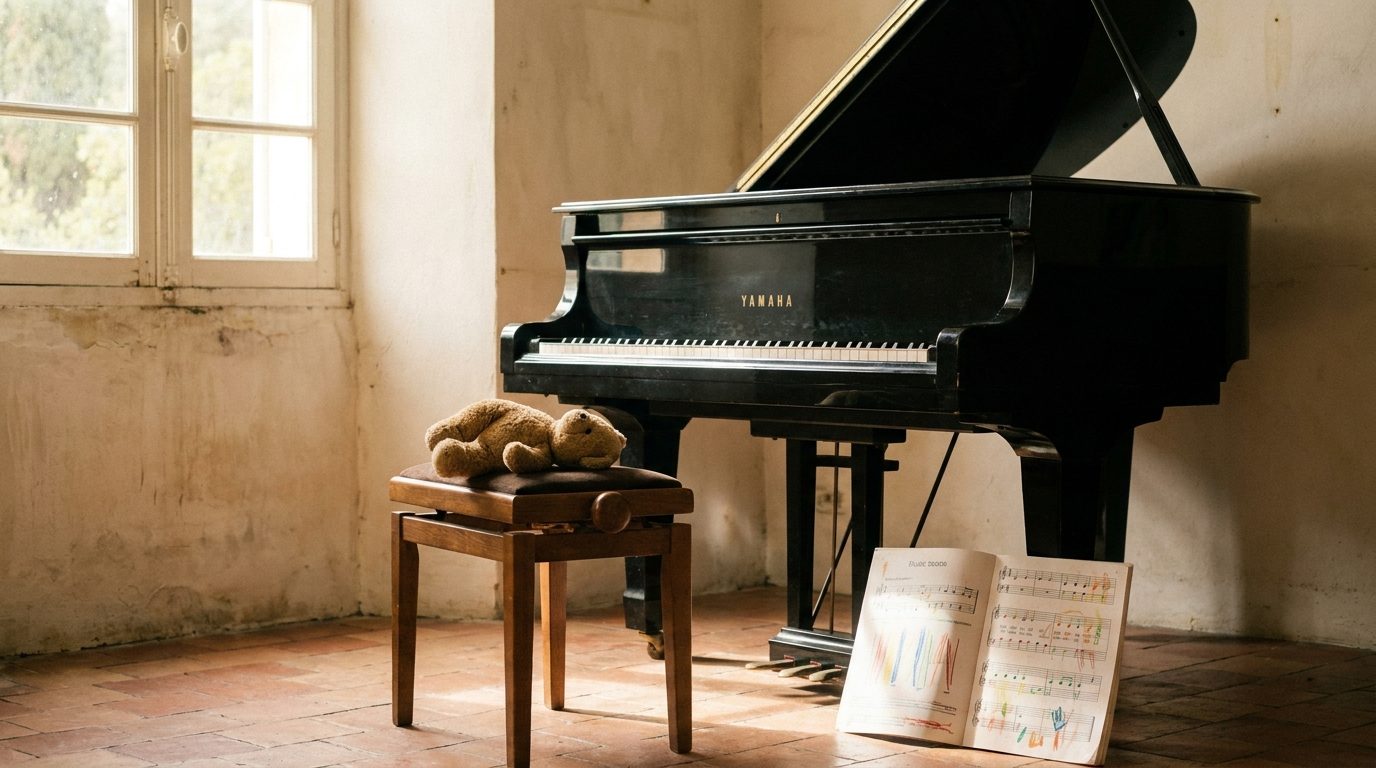 Tabouret vide devant un piano à queue noir laqué avec cahier de musique enfant illustré et peluche oubliée, lumière dorée chaleureuse — studio Les Virtuoses Marseille