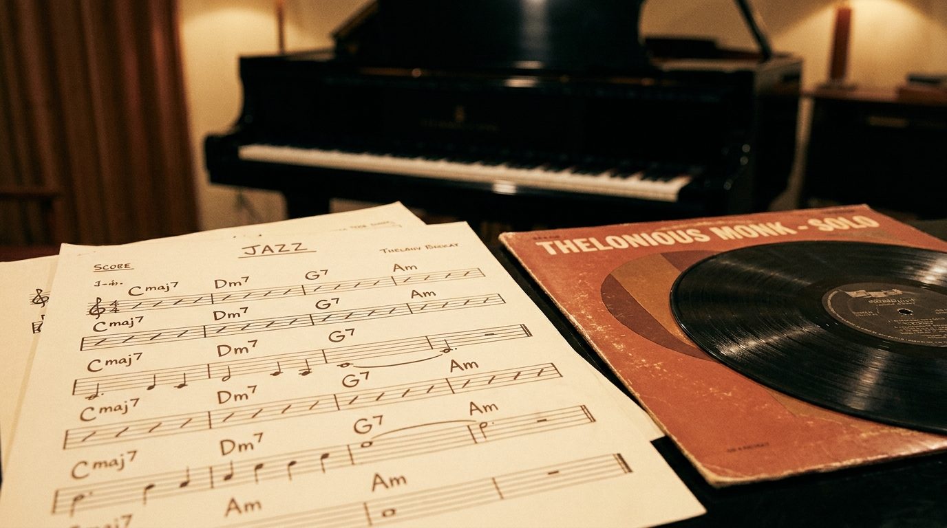 Partition de jazz manuscrite avec accords Cmaj7 et Dm7, vieux disque vinyle et piano à queue noir en arrière-plan flou, lumière chaude tamisée — studio Les Virtuoses Marseille