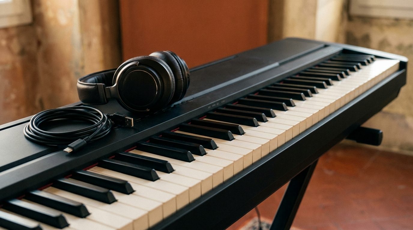 Clavier de piano numérique noir avec touches lestées, casque audio premium et câble USB sur un bureau de studio marseillais, lumière dorée latérale