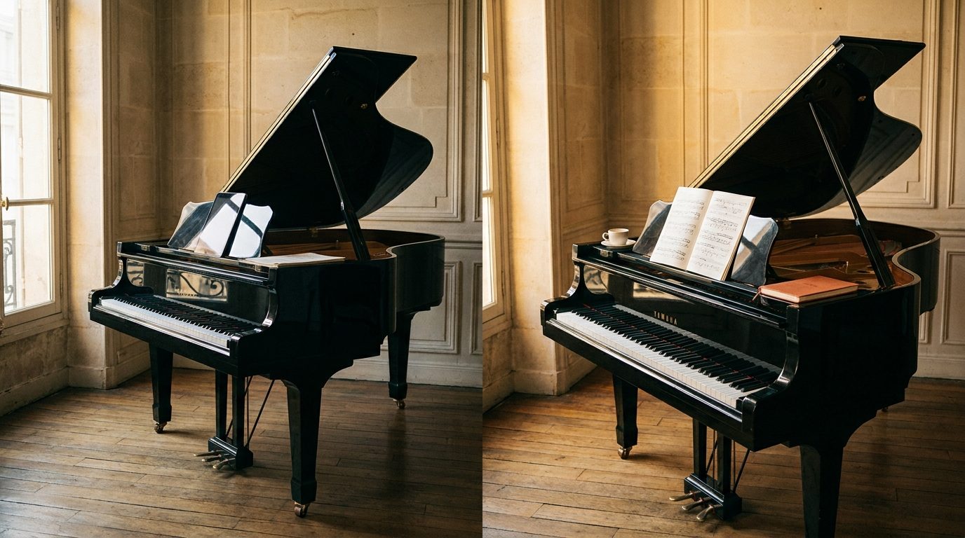 Mains adultes hésitantes au-dessus d'un clavier de piano noir laqué, ambiance contemplative — studio Les Virtuoses Marseille