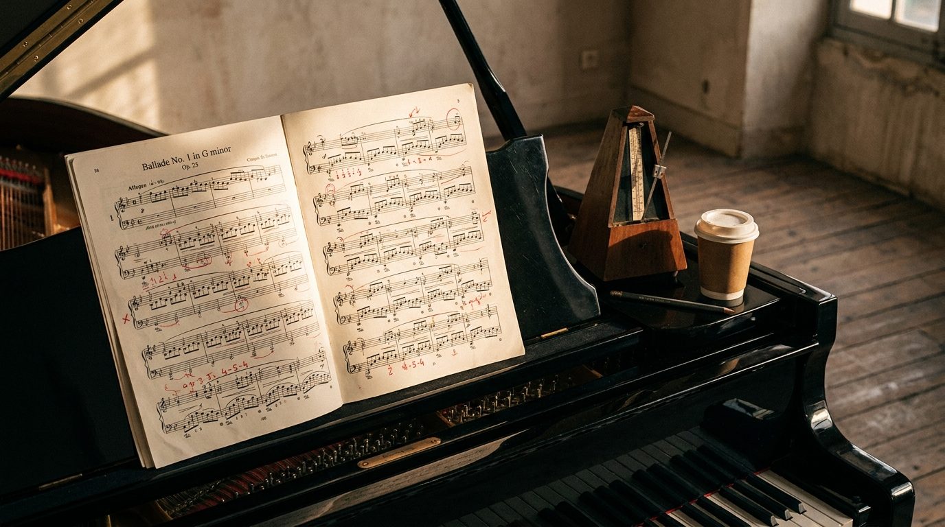Pianiste en pleine concentration sur une partition difficile au piano à queue, atmosphère feutrée du studio