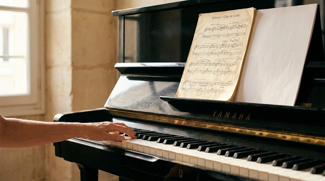 Mains adultes contemplatives au-dessus d'un piano à queue rouvert après longue pause, lumière dorée chaleureuse