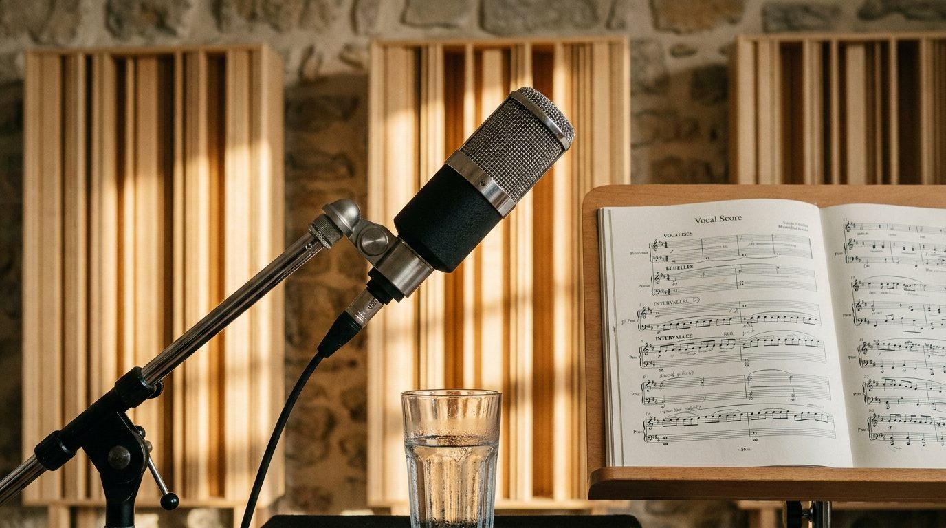 Microphone studio avec partition de chant, atmosphère de travail vocal au studio Les Virtuoses Marseille