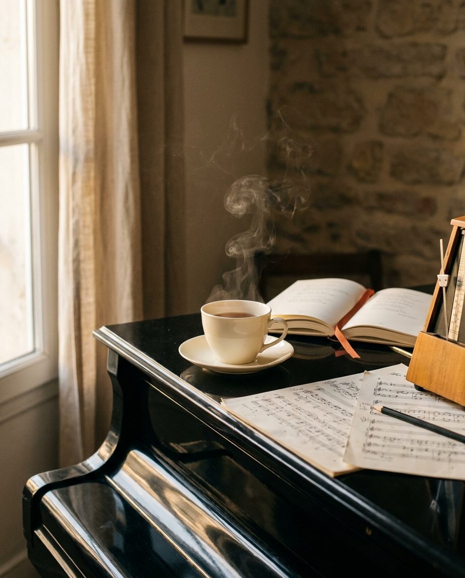 Composition intime sur piano : tasse de thé, partition, métronome — coaching artistique Marseille