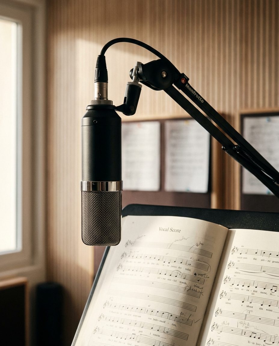 Microphone vintage devant une partition de chant — studio Les Virtuoses Marseille