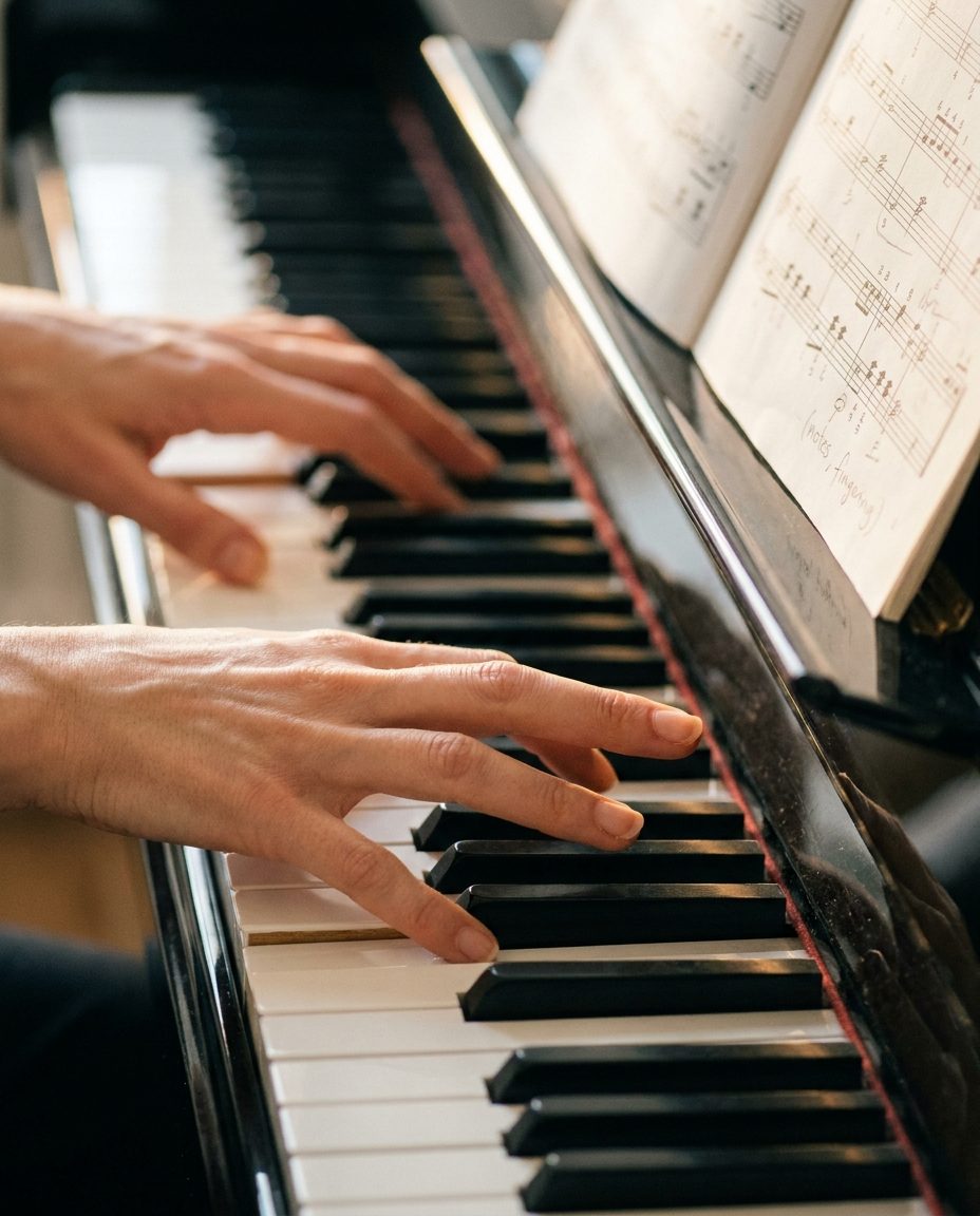 Mains en plein jeu sur clavier piano à queue, partition manuscrite annotée — studio Marseille 13008